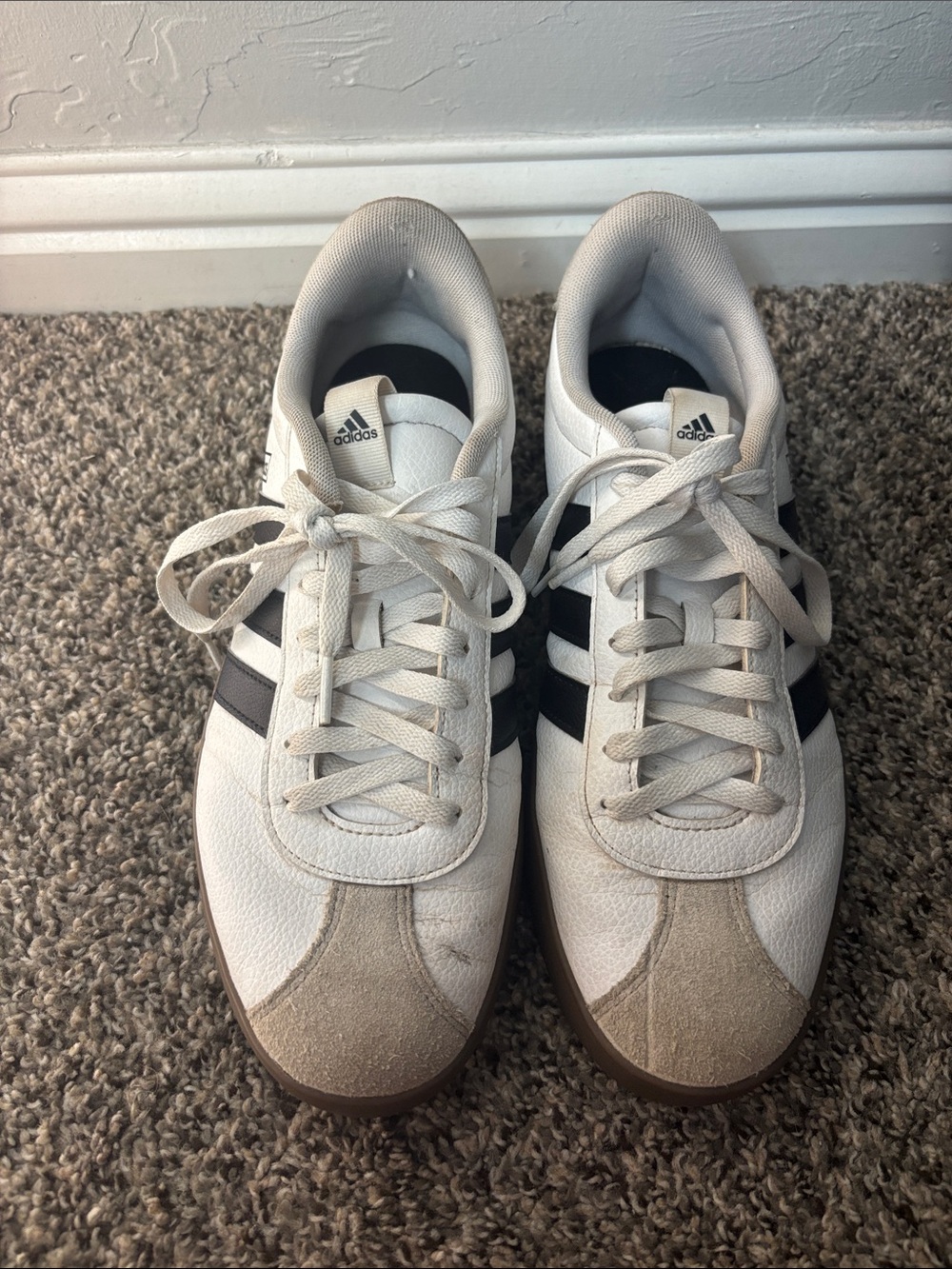 adidas White Sneakers with Black Stripes and Tan Accents
